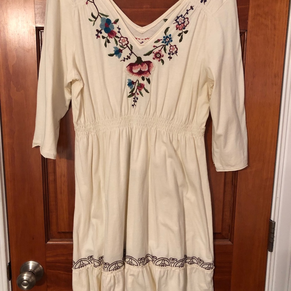 Johnny Was Cream Long Sleeve Dress with Floral Embroidery
